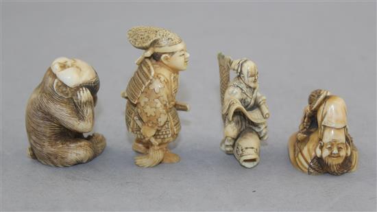 Four Japanese ivory netsuke, 19th / early 20th century, 3.8cm - 5.5cm